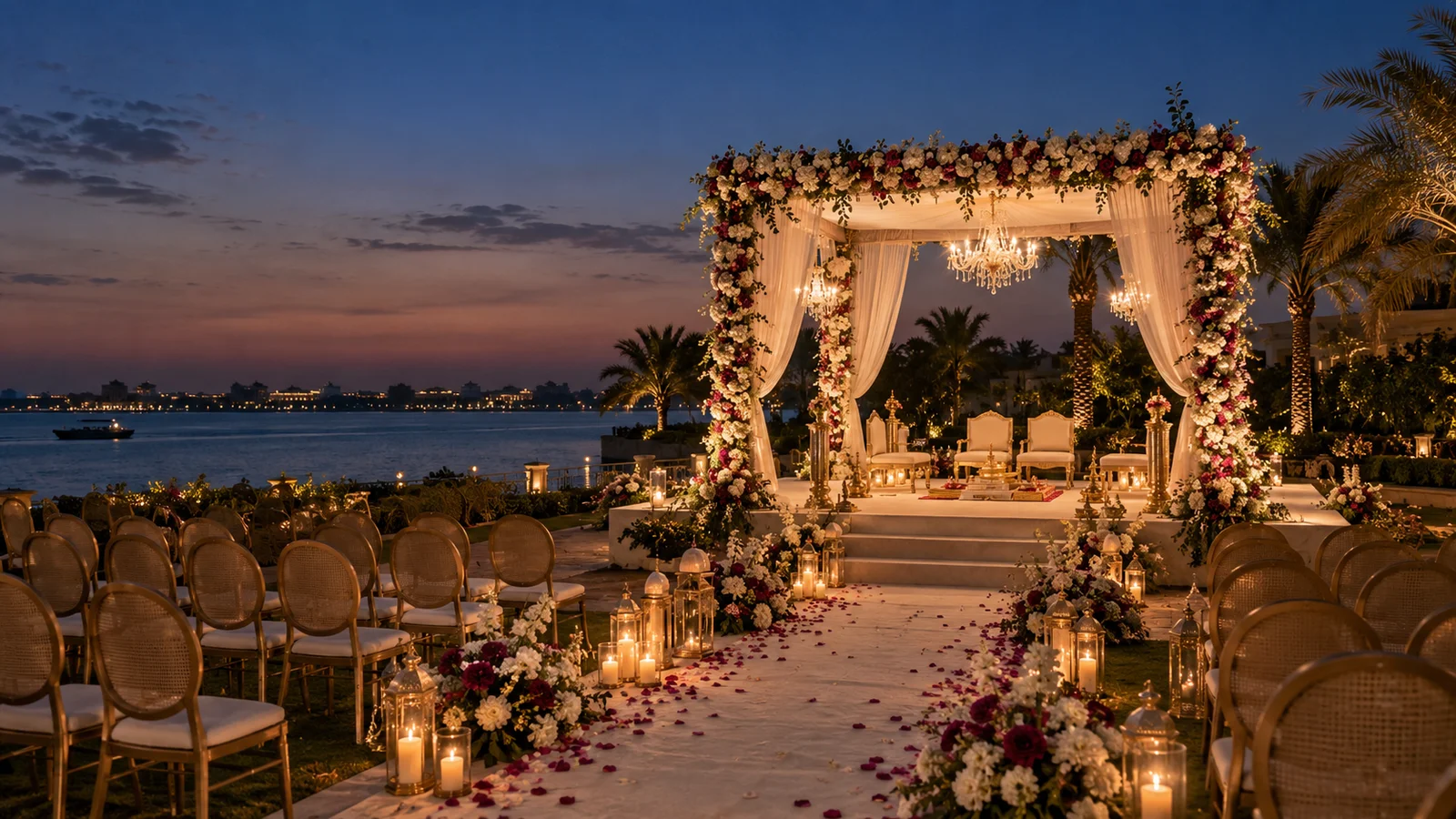 Wedding design inspiration: a waterfront floral mandap at dusk